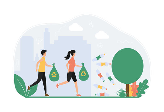 Concept plogging. Teenagers volunteers run in the park, collect garbage, plastic, bottles in trash bags. Eco protection, picking up in nature. Flat vector illustration isolated on white background.