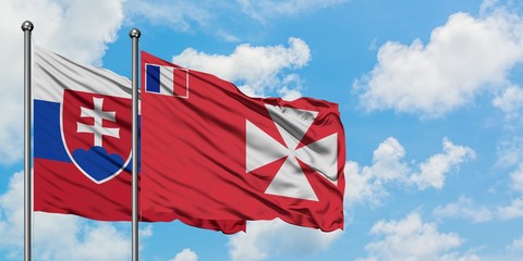 Slovakia and Wallis And Futuna flag waving in the wind against white cloudy blue sky together....