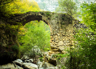Old historical stone bridge in forest