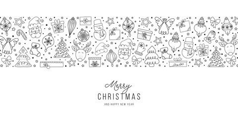 Christmas elements pattern with Santa Claus, friends and greetings. Hand drawn doddle and sketch vector illustration.