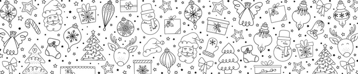 Christmas elements pattern with Santa Claus and friends. Hand drawn doddle and sketch vector illustration. - 301247672