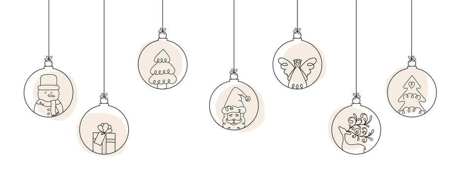 Hand drawn Christmas ball illustration with Santa Claus and friends. Doodles and sketches vector design.