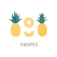 Tropical fruit, ripe pineapple, cut into rings. Isolated vector illustration on a white background.