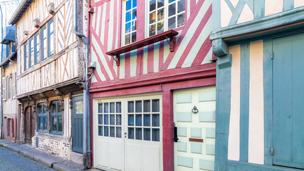 Honfleur, Normandy, typical street with half-timbered houses