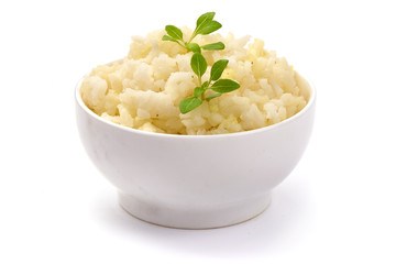 Cooked Rice in a bowl, isolated on white background