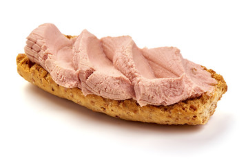 Sandwich with homemade chicken liver pate, isolated on white background