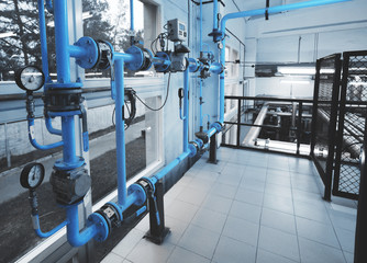 Fototapeta premium gas pipline with pressure metters installed in modern industrial boiler room