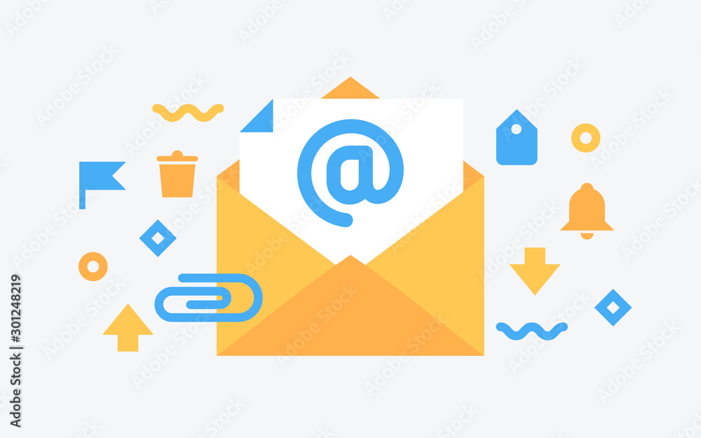 Poster email service. flat vector illustration. electronic mail message concept as part of business marketi