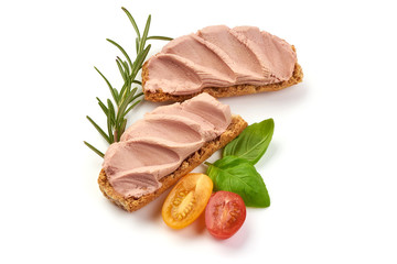 Sandwich with homemade chicken liver pate, isolated on white background