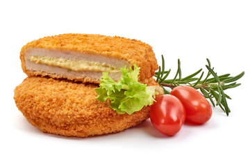 Fried chicken Cordon bleu with cheese in breadcrumbs, isolated on white background