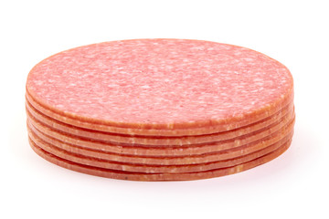 Thin salami sausage slices, isolated on white background