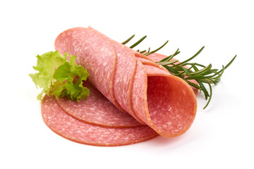 Thin salami sausage slices, isolated on white background