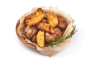 Homemade baked potato wedges, fry potatoes, isolated on white background