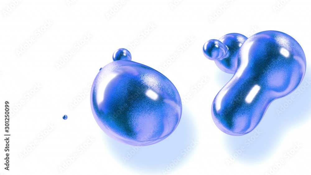 Poster amasing abstract background of metaballs as if glass drops or spheres filled with blue sparkles merge together and scatter move around cyclically in 4k. Looped seamless animation with glisten bubbles.