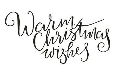 Handwritten black lettering "warm Christmas wishes" isolated on a white background.