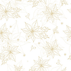 Fototapeta na wymiar Christmas Winter Poinsettia Flowers Seamless Background. Hand drawn doodle style Floral Pattern in vector.