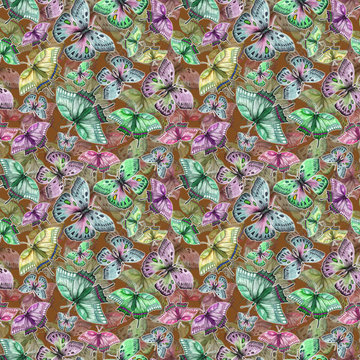 Beautiful colorful tropical butterflies on brown background. Seamless pattern. Watercolor painting. Hand drawn and painted illustration. © katiko2016