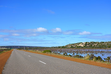 Day view of the Pink Lake near Port Gregory on the Coral Coast in Western Australia