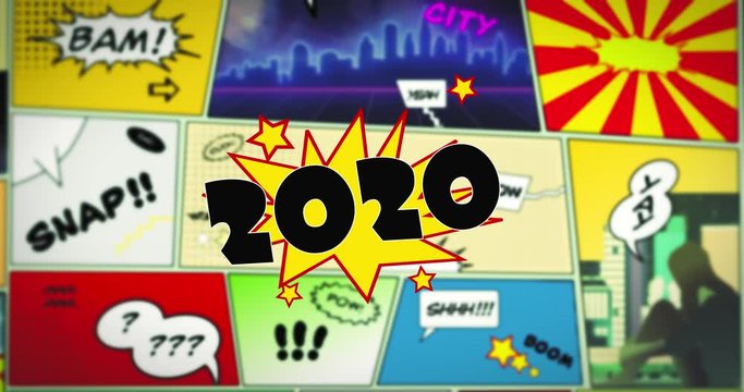 YEAR TWENTY TWENTY speech bubble text in the foreground of colorful comic strip