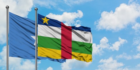 Somalia and Central African Republic flag waving in the wind against white cloudy blue sky together. Diplomacy concept, international relations.