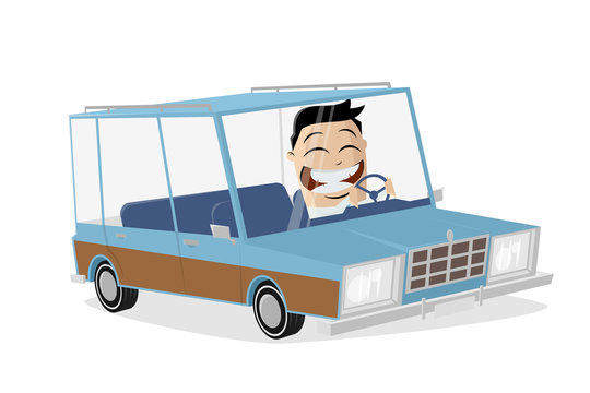 asian businessman driving with retro cartoon car