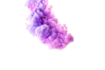 Abstract flowing liquid mix of violet and blue ink in water on a white background.