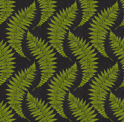Green watercolor fern leaves seamless pattern isolated on black background. Real watercolor. Botanical illustration.