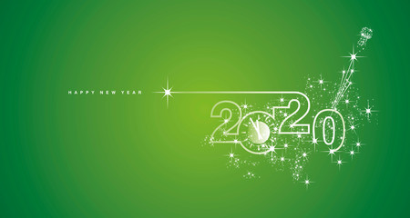 New Year 2020 line design clock sparkle firework champagne white green greeting card