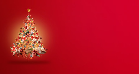 Christmas tree made of ornaments, gifts, pine cones, stars, balls... on red background with empty space