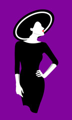 Creative concept beauty fashion vector illustration elegant woman girl posing wearing black dress and hat.