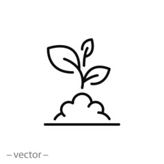 growth plant icon, outline flower leaf, nature, environment, seedling in the soil, thin line web symbol on white background - editable stroke vector illustration eps 10