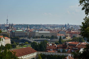 Fototapeta na wymiar View from the mountain to the cityscape in Prague, Czech Republic.
