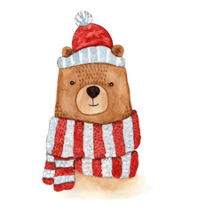 Cute watercolor brown bear in striped glittering blue red scarf and Christmas hat. Childish cartoon New Year illustration with cheerful animal for greeting card design, banner, sticker,