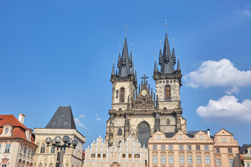 Fototapeta na wymiar Panorama of the Gothic church with two towers in Prague, Czech Republic.