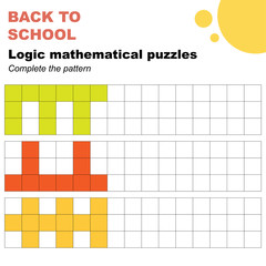 Complete the patterns, mathematical logic puzzles worksheet. Easy worksheet, for children in preschool, elementary and middle school.