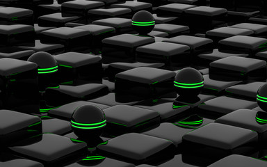 Black cube abstract texture background with glowing green spheres 3d illustration render