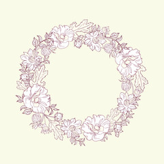 Flower wreath, round frame. Elegant border, hand drawing, sketch. Monochrome flowers, roses, chrysanthemums. For Spring,summer holidays,textiles,packaging,fabric,Greeting Cards