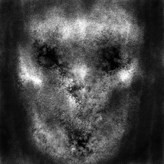 Demon alien evil face. Black and white illustration in horror and fiction genre with coal and noise effect.