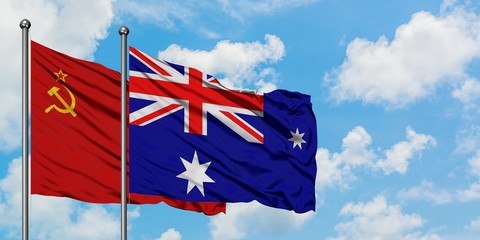 Soviet Union and Heard Island and Mcdonald Islands flag waving in the wind against white cloudy...