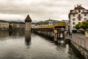 Lucerne historic city center view of famous Chapel Bridge and lake Vierwaldstattersee, Canton of...