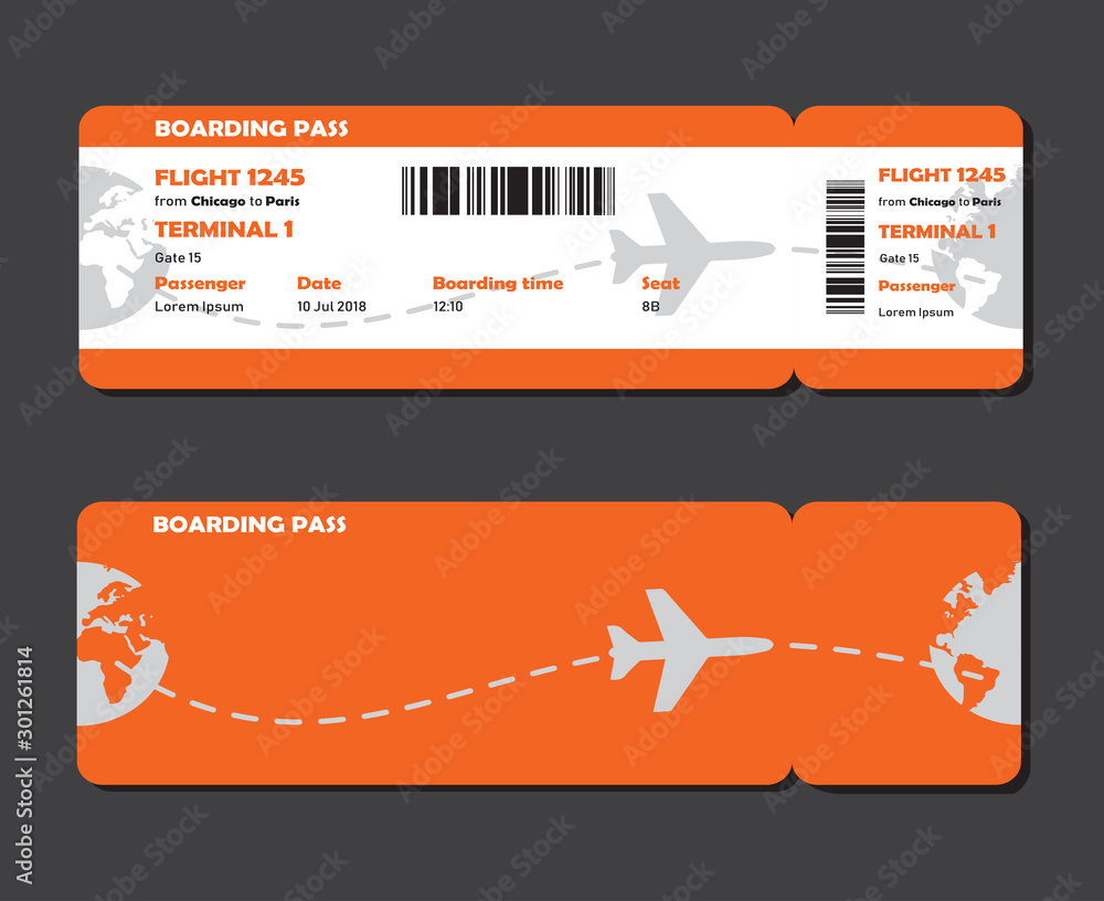 Aufkleber flat design of airline travel boarding pass. vector template or mock up isolated on grey background.