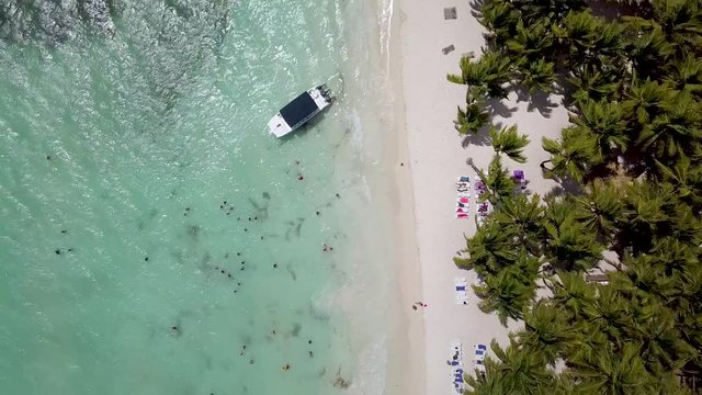 Top view aerial flying along tropical beach paradise of Saona island in Dominican Republic
