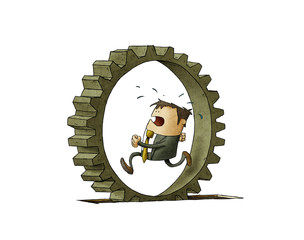 illustration of a businessman who is running inside a cogwheel, Concept of effort and daily routine. isolated