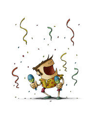 Funny illustration of a man dancing and playing the maracas. Celebration concept. isolated