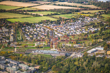 Potsdam, Germany, Volkspark Potsdam with the biosphere and suburb Bornstedt during early autumn -...