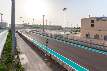 ABU DHABI, UAE - May 13, 2014: The Yas Marina Formula 1 Grand Prix Circuit. Set amongst a Marina,...