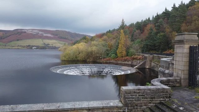 Water overflowing at the Ladybower Reservoir plug hole after heavy rainfull