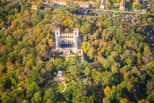 Potsdam, Germany, Belvedere Pfingstberg with the Temple Pomona and Park Grounds during early autumn - aerial view 