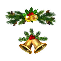 Christmas decorations with fir tree golden jingle bells