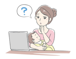 Young mother using her laptop computer.  Shopping ,searching or other use. Vector illustration.